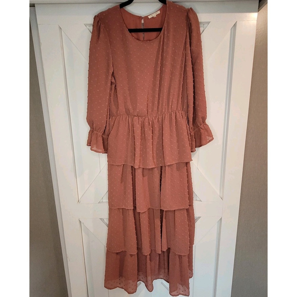 TEA N ROSE Women Swiss Dot Pink Tiered Peasant Cottage Maxi Dress NWOT Sz Large